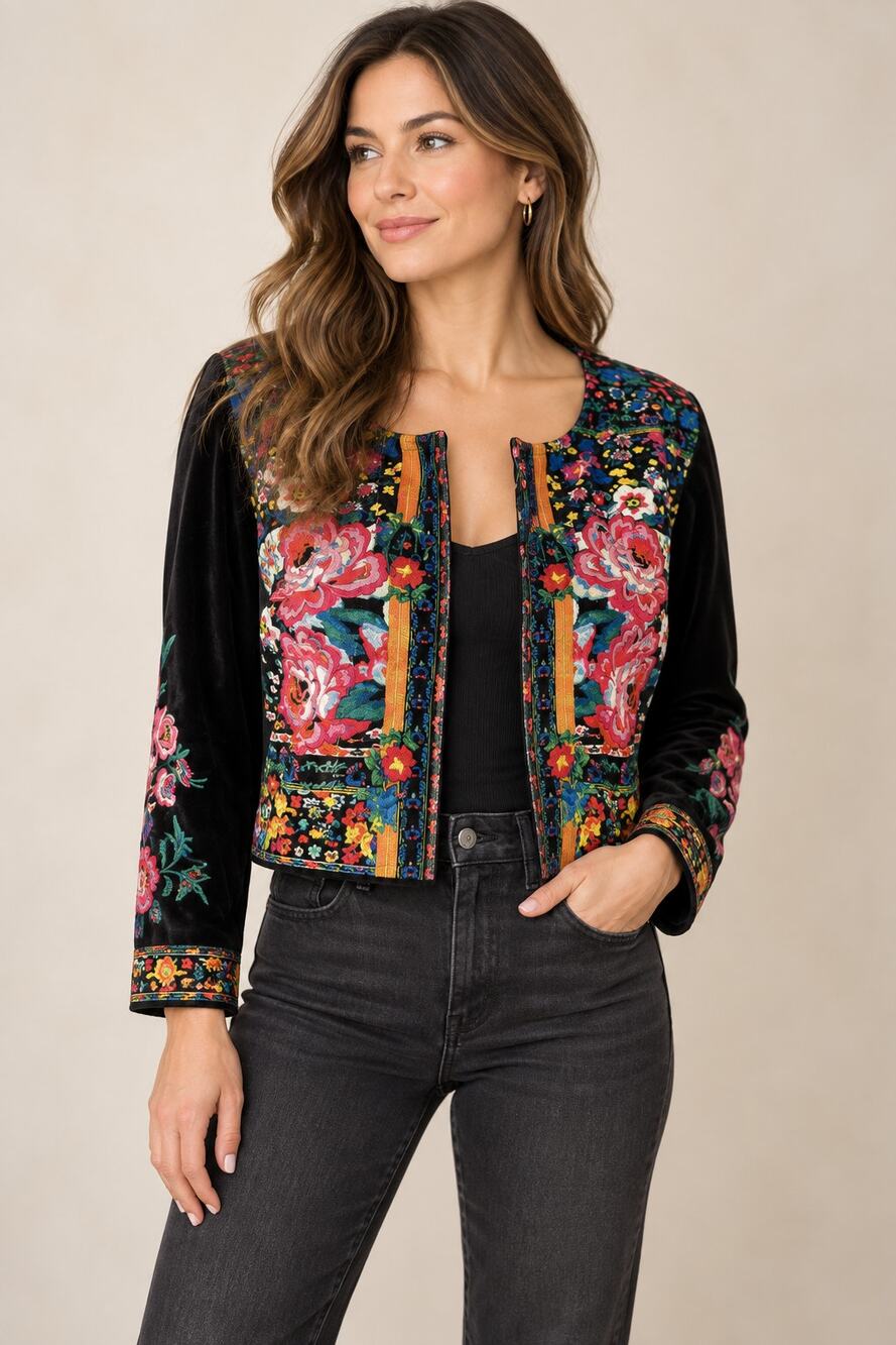Embroidered Black Velvet Cropped Jacket with Floral Print